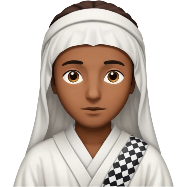 Una persona morena que solo se le vea la cara con una bata de arabe en la cara color blanco con cuadros negros emoji