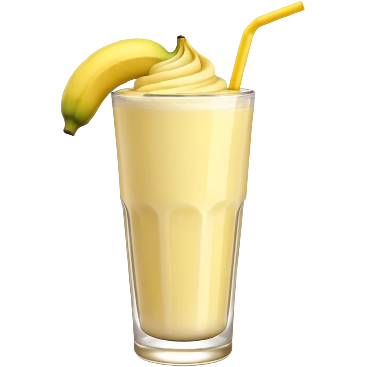 A 3D cartoon glass of banana shake, light yellow creamy texture, straw and banana slice garnish, glossy reflection, natural daylight, Memoji-style. emoji