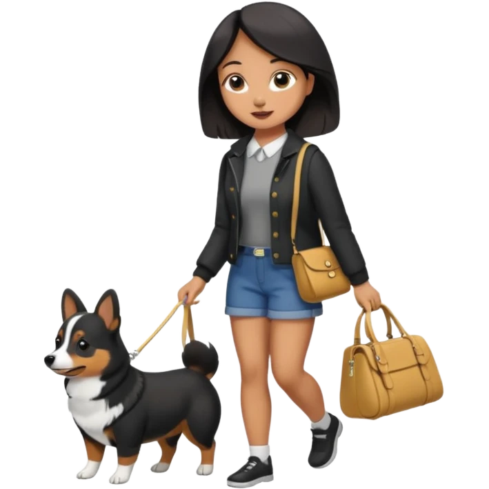 Burnett Girl Walking a black corgi no purse emoji