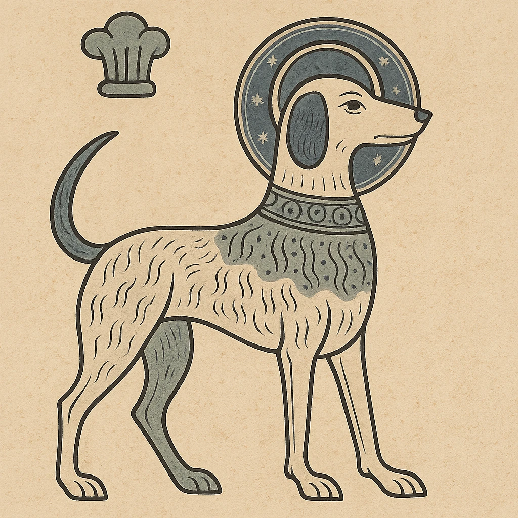 a dog inspired by The Moon tarot card, ornate, mystical, vintage etching style, no background emoji