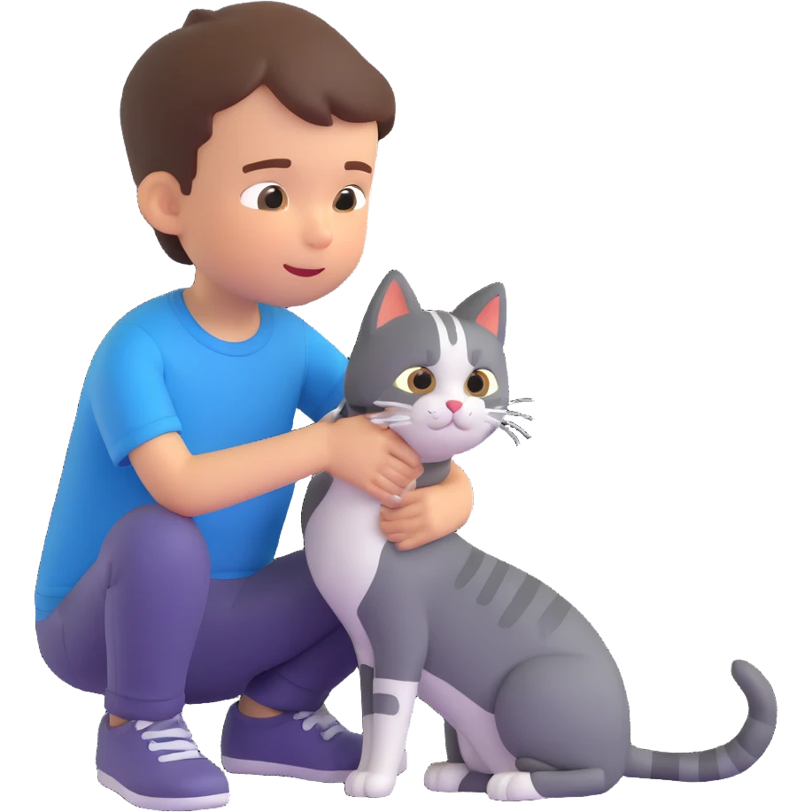 boy and cat pet in forrest background, close up pose emoji