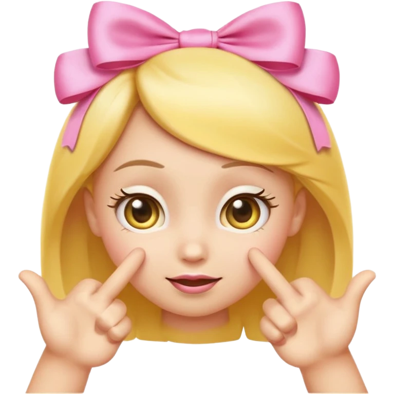 Cute yellow emoji face with big pleading shiny eyes, raised curved eyebrows, small shy smile, and both hands pointing index fingers toward each other. Add two small pink satin bows on top corners of the head. iOS-style, smooth digital look emoji