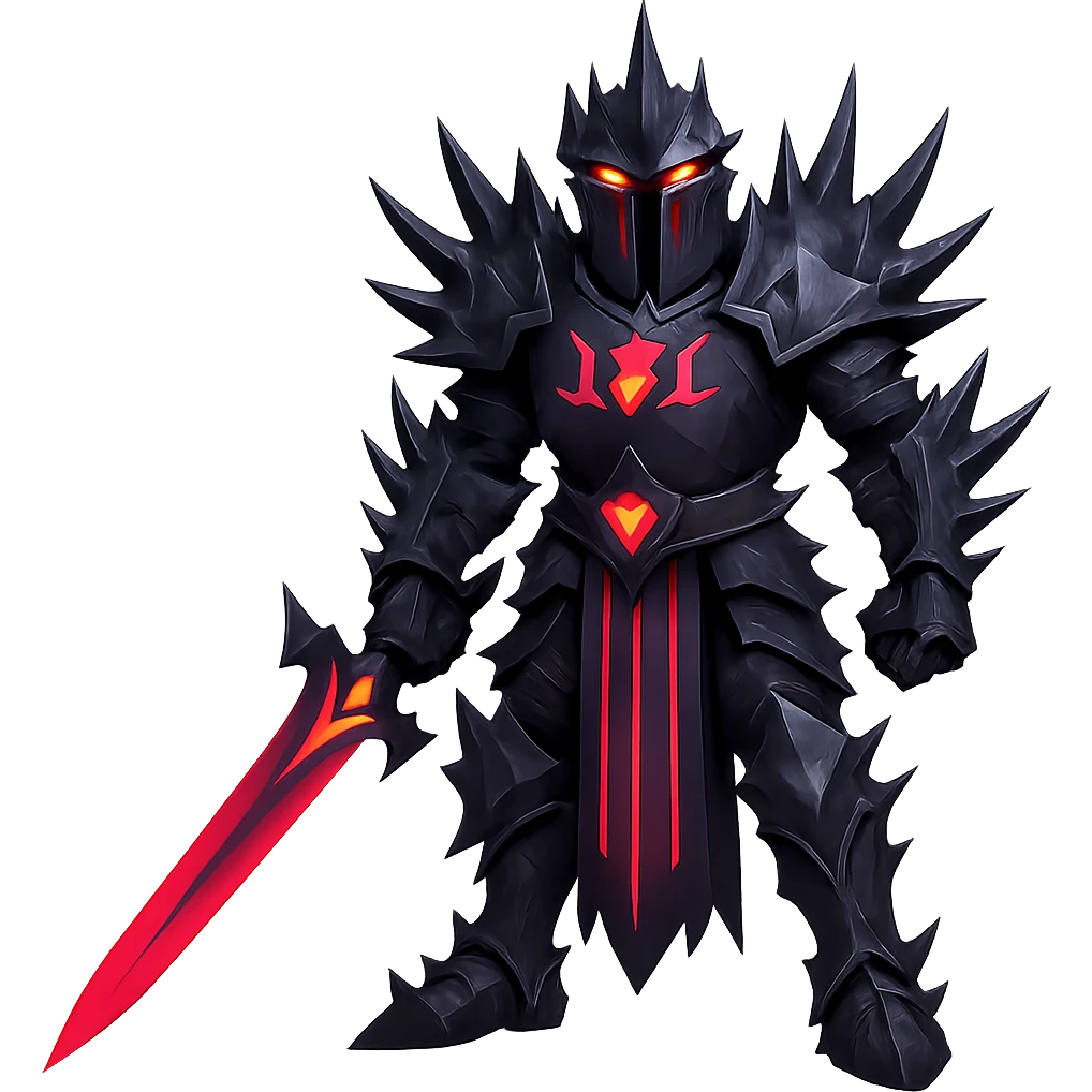 Make the knight's black armour spikey, keep glowing red eyes, fantasy style, no background. emoji