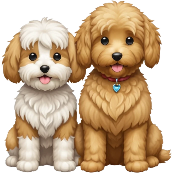 A small white Maltese and a big goldendoodle sitting beside each other  emoji