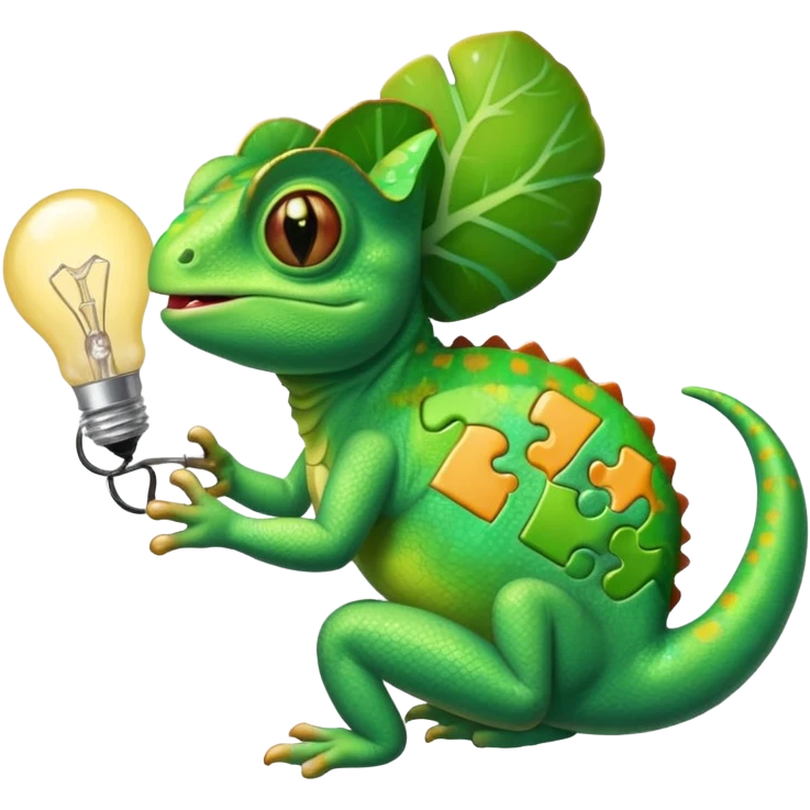 cameleon qui tien une piece de puzzle dans une main et une ampoule dans l'autre et un cerveau sur la langue emoji