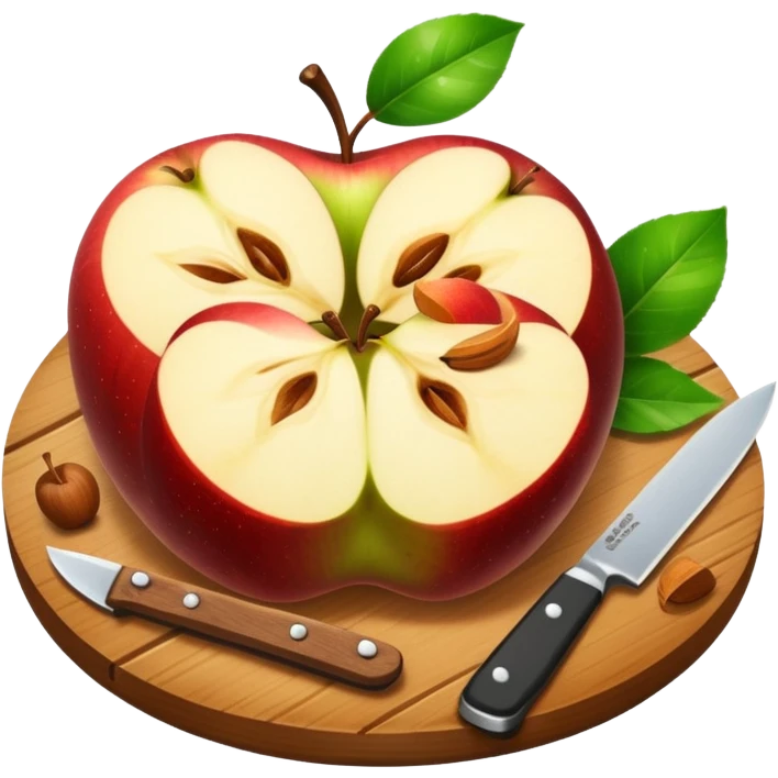 A round wooden board with a whole apple and several slices on it and knife with leaves, with sparkles emoji