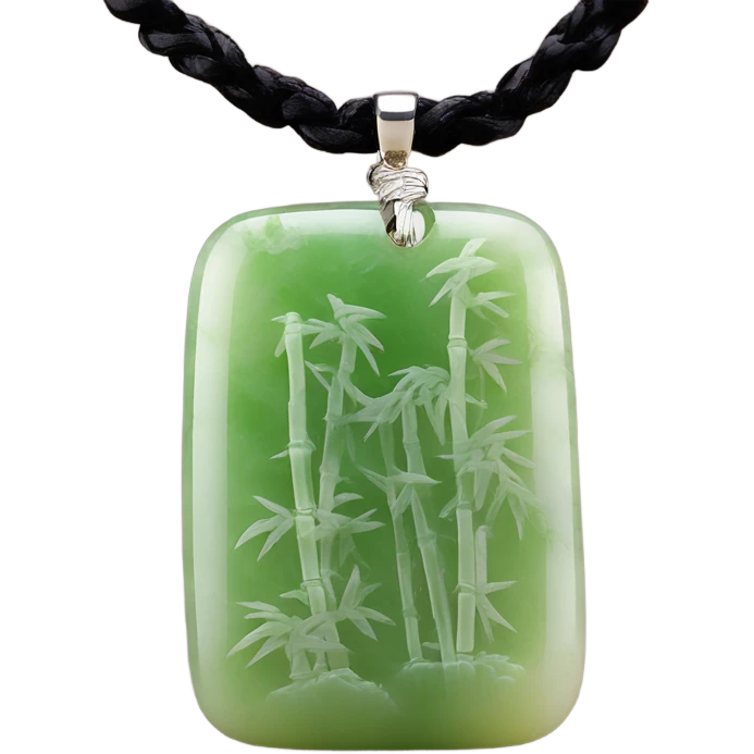 Upright, without chains, simply a yellow green Chinese style, bamboo forest pattern jade pendant  emoji