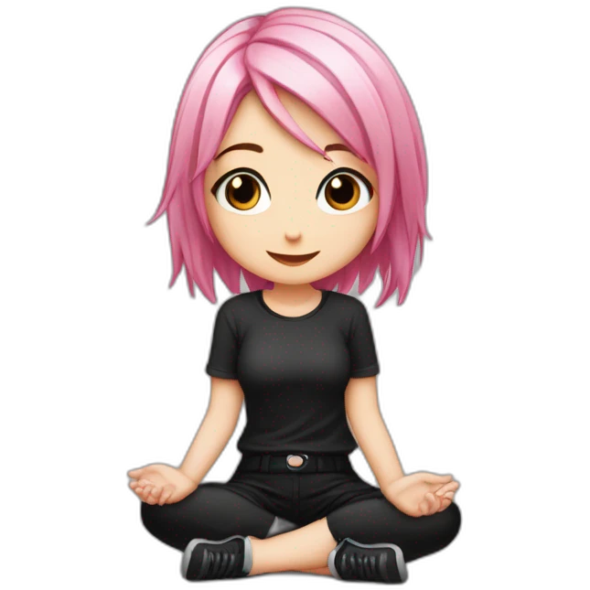 Full body Front view curvy emo girl pink hair sits on the floor straight view hands up black skirt белые трусики полосатые рваные чулки emoji
