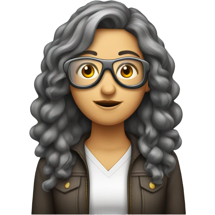 garota de cabelos castanhos escuro longo com óculos de grau estilo aviador emoji