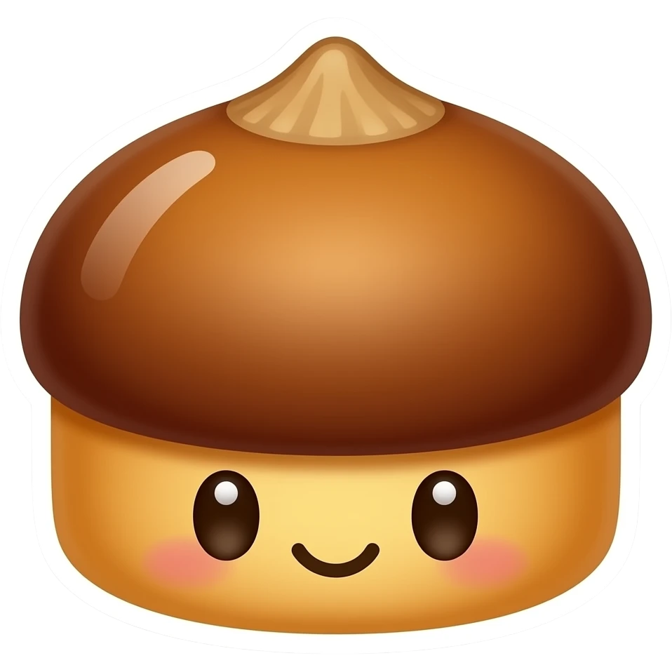cute mini butter dessert emoji, small chestnut-shaped butter cake with a golden brown surface,shiny buttery surface, warm golden brown color, kawaii dessert style, simple sticker emoji, emoji