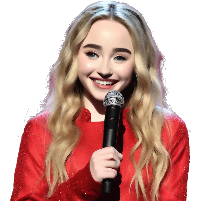 “Sabrina Carpenter in a red outfit, smiling confidently while performing on stage.” emoji