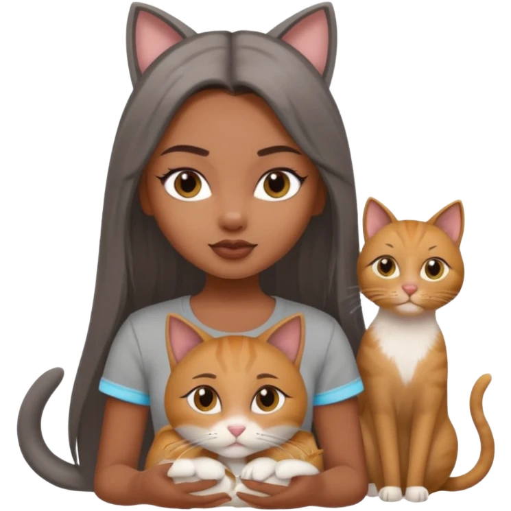 a pretty bratz dusky girl with long straight hair with four cats nd wearing a grey tshirt emoji
