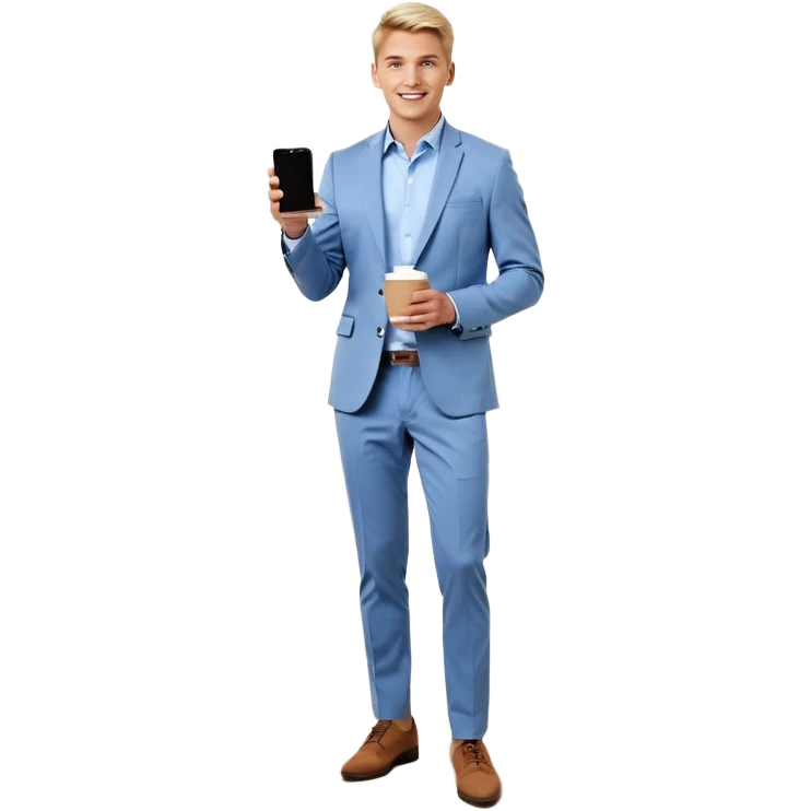 Confident and outgoing male entrepreneur, Caucasian features, short blonde hair, big friendly smile, expressive eyes, wearing a blue blazer over a light blue shirt, dark trousers and brown shoes, holding a smartphone in one hand and a coffee cup in the other, standing pose, full-body, front-facing emoji