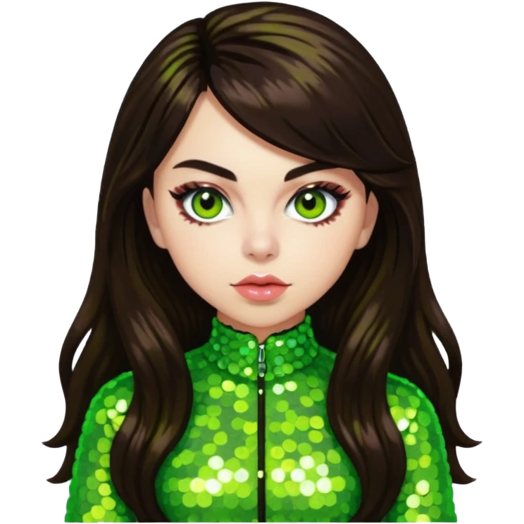 Charli XCX with long dark brown hair, lime green sequin outfit emoji