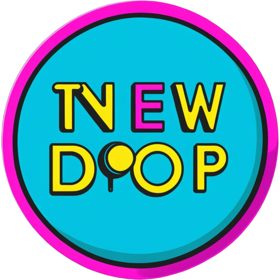 Minimalist sticker with white 'tt' letters on a black circle with cyan, magenta, and yellow dots below, NEW DROP text with street style influence emoji
