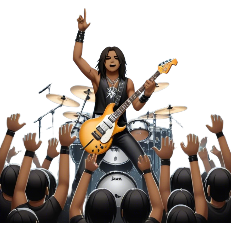 Icon for Heavy Metal: a metal band on stage, with electric guitars, drums, and a powerful vocalist. The atmosphere is intense with flashing lights, music notes, and a crowd of fans. The design should capture the energy and power of a live heavy metal performance. Transparent background. emoji