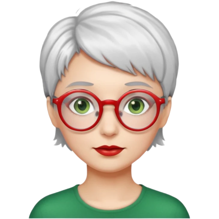 visage femme a lunettes ronde rouge avec cheveux courts gris-blancs aux yeux verts emoji