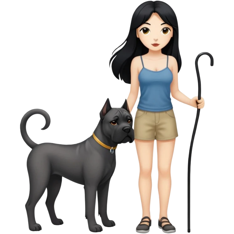 Woman with long black hair wearing spaghetti strap top holding a black Cane Corso dog with cropped ears and short tail emoji