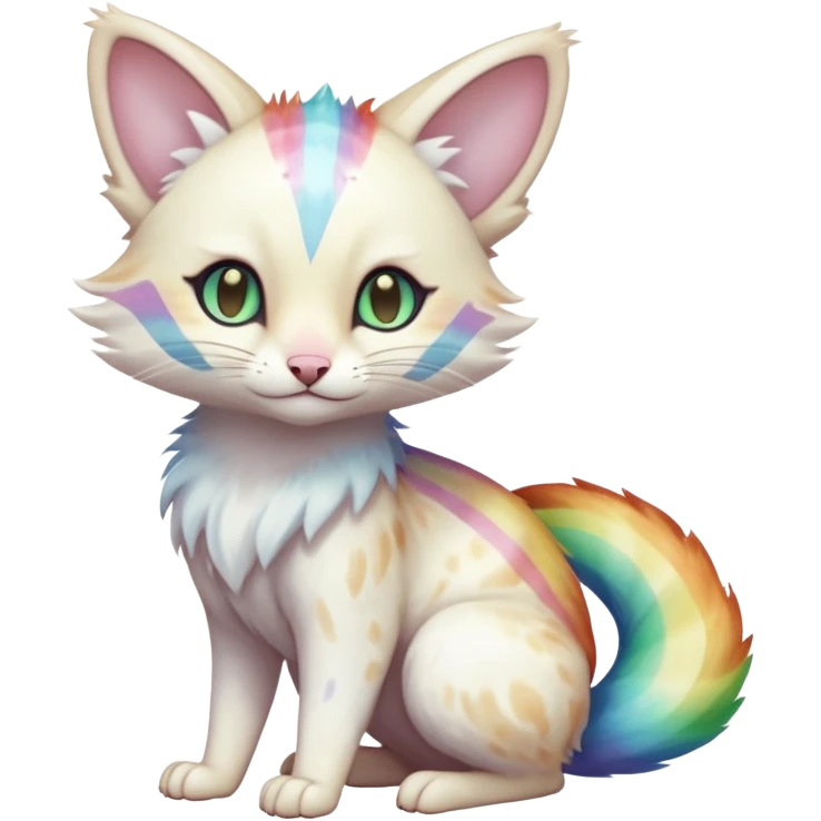  cute adorable white albino fur with random colorful iridescent rainbow markings beautiful elegant pretty precious cute  Fakémon-Pokémon-alien-opossum-feline-serval-caracal-chinchilla-Minccino-hybrid-creature with a big fluffy bushy striped tail (full body) emoji