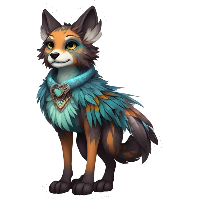 cute cool edgy fantasy animal fursona creature by griffsnuff & LiLaiRa & Falvie with exotic colors with patterns and feathers and collar full body emoji