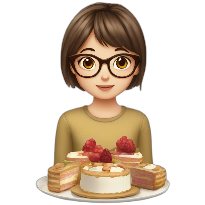 Young girl with brown hair and bangs and tortoiseshell glasses holding a plate with cakes emoji