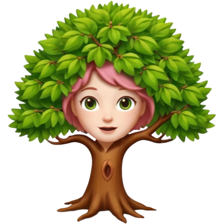Style memoji iphone. Un petit sapin vert sylvestre, féminin, regard malicieux, tâches de rousseurs délicates, joues roses. Yeux de biche brillants en forme amande, yeux couleur ambre, tronc couleur acajou. Sapin en mouvement, incurvé pour un effet vivant. emoji