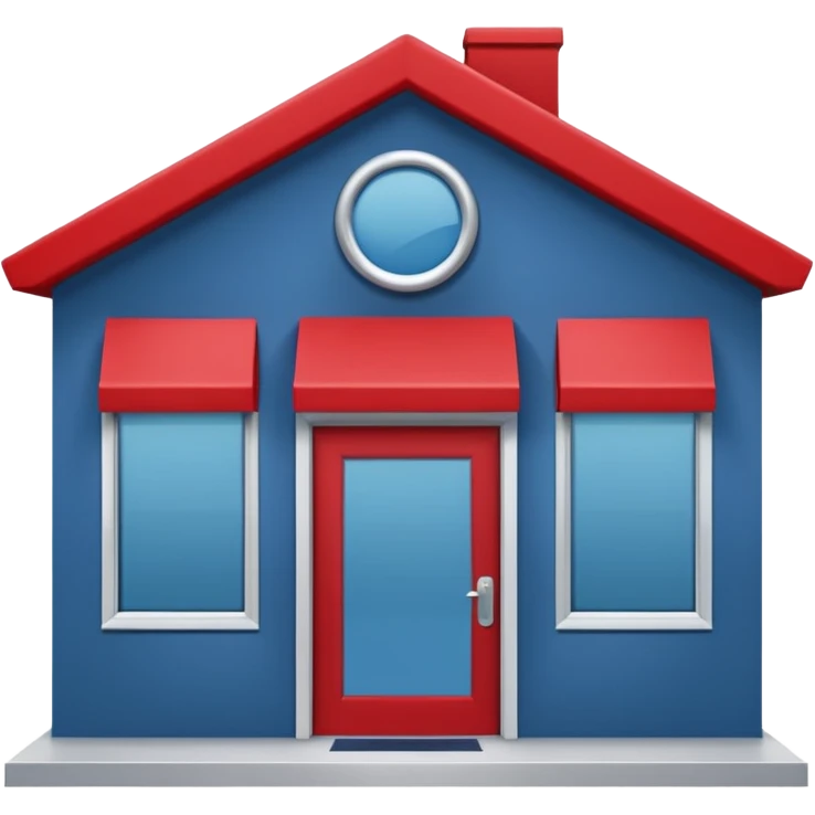 Lowe’s-inspired storefront, Apple emoji style, blue walls, light gray trim, small red accents on door handles or signage frame, minimal details, soft rounded edges, large front windows, sliding glass doors, small peaked roof, no text or logos, centered on plain background emoji