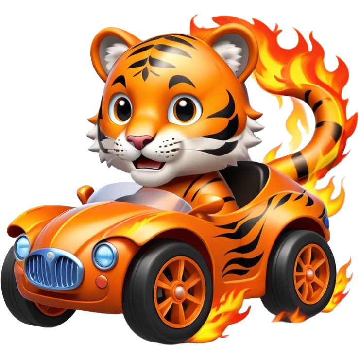 cute tiger in toy hot wheel car with THE CAR wheels are on fire emoji