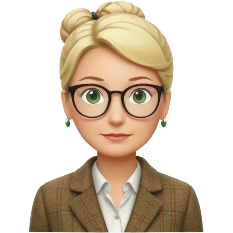 older teacher with hair pulled back into a blonde bun green eyes and glasses emoji