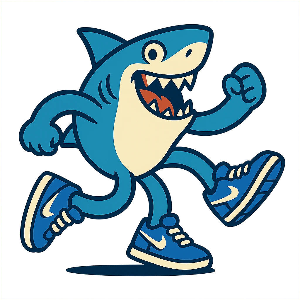 a cartoon shark with three legs, all in blue Nike sneakers, energetic pose emoji