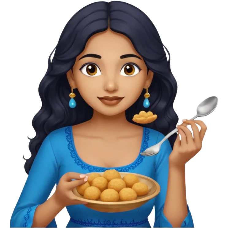 a pretty tan indian bratz girl with wavy long BLACK hair. eyeliner on, wearing a blue kurti, eating golgappa (without spoon) emoji
