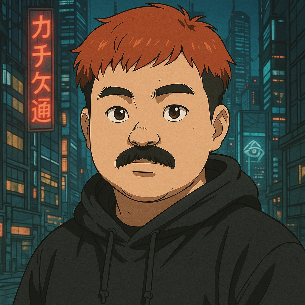Asian man with a round face, black mustache, red hair, black hoodie, Ghost in the Shell-inspired anime style, large expressive eyes, futuristic city background, high detail emoji