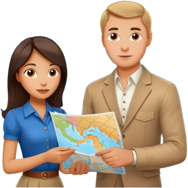 Russian man and elegant Latina girl in cute outfits with a map planning map in the background  emoji