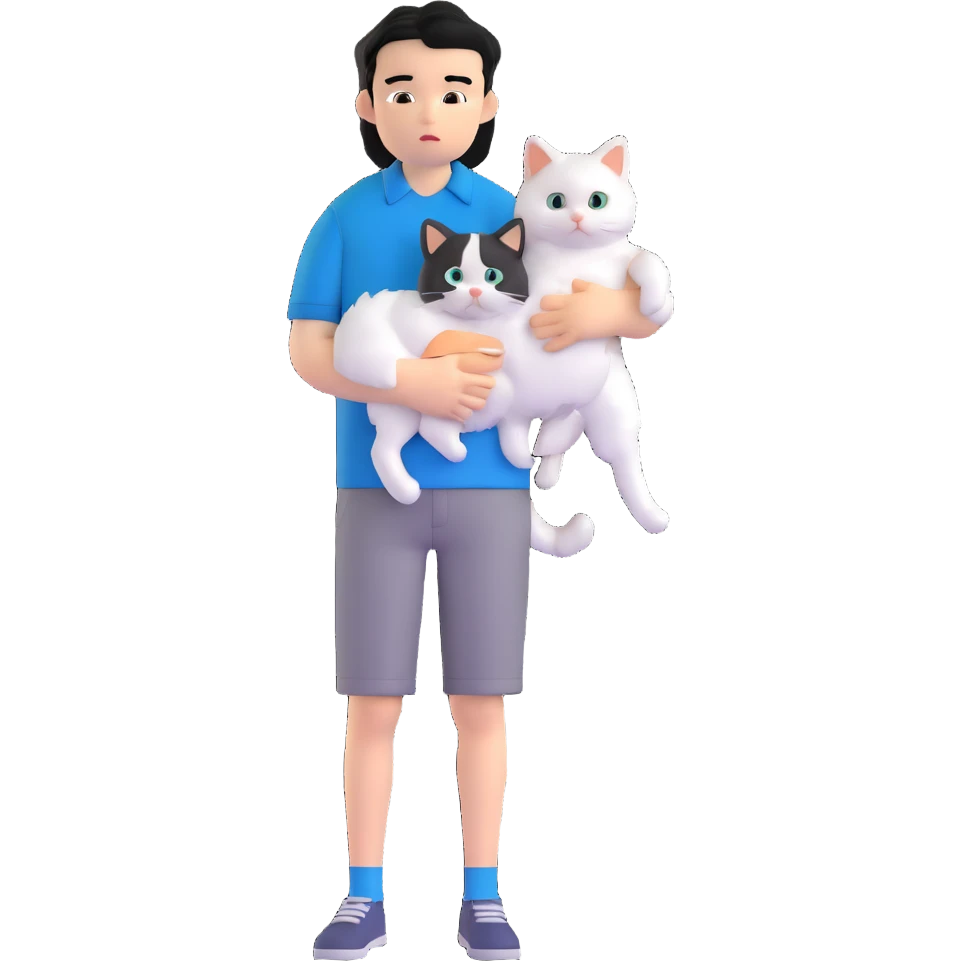 teenage boy with black hair wearing blue short sleeve shirt holding a white ragdoll cat emoji