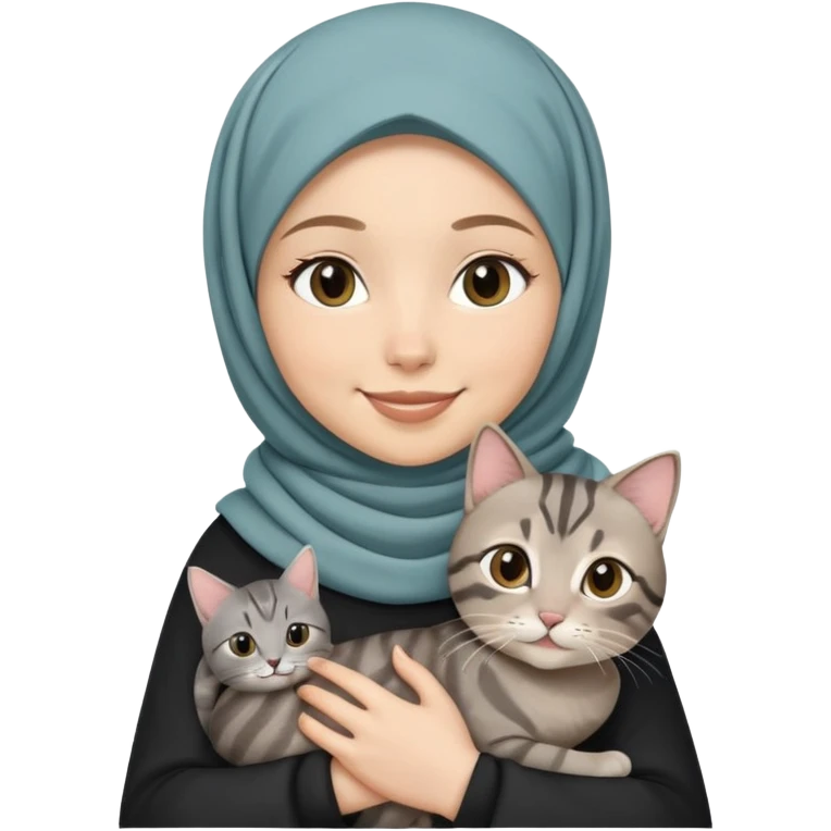 White girl wearing hijab smiling while holding a black grey tabby cat emoji