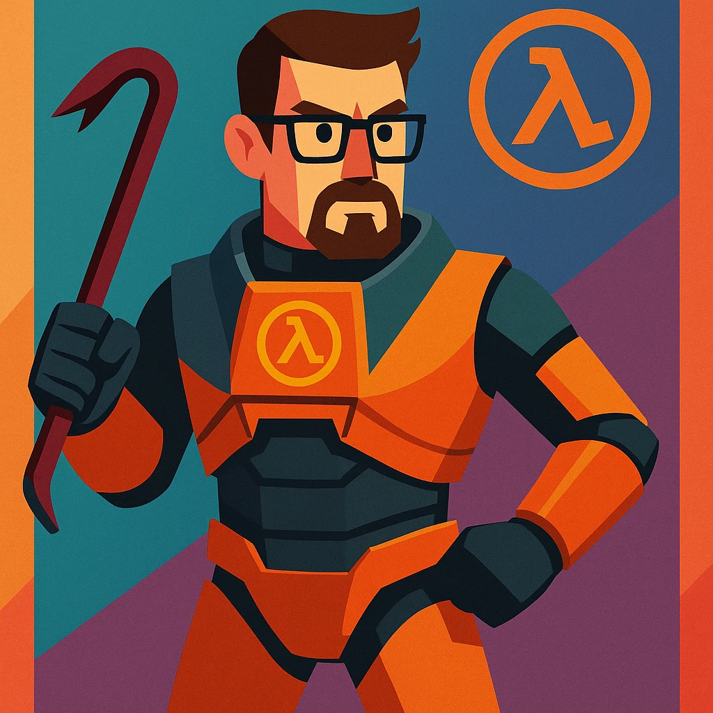 Gordon Freeman from Half-Life 2, stylized cartoon, orange HEV suit, glasses, crowbar emoji