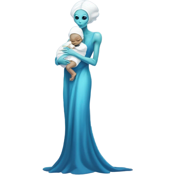  Reptilian alien woman , full body, in blu elegant dress , holds a newborn white humman baby emoji