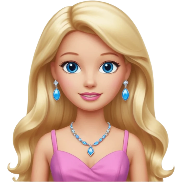 barbie, long blonde hair, pink dress, with blue eyes,different dress,ear rings, jewelary. emoji