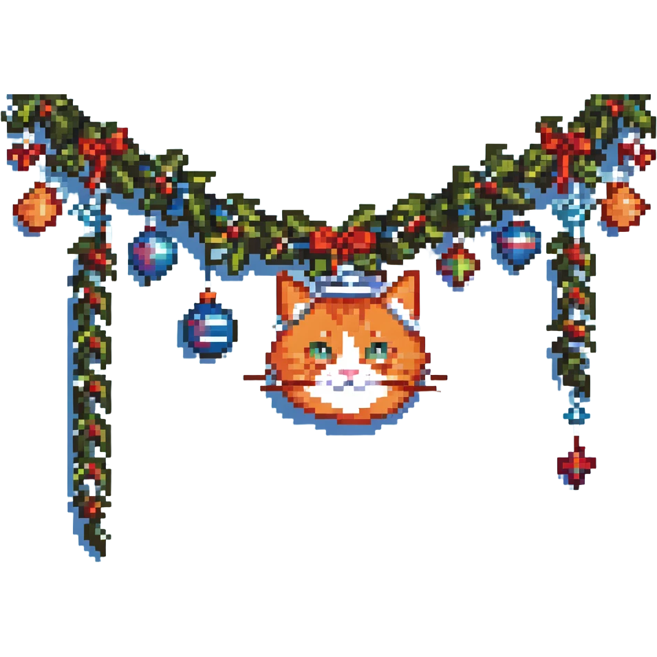 head of an orange cat in pixel art style, simplified details, Christmas garland like on a New Year tree, gaming style emoji