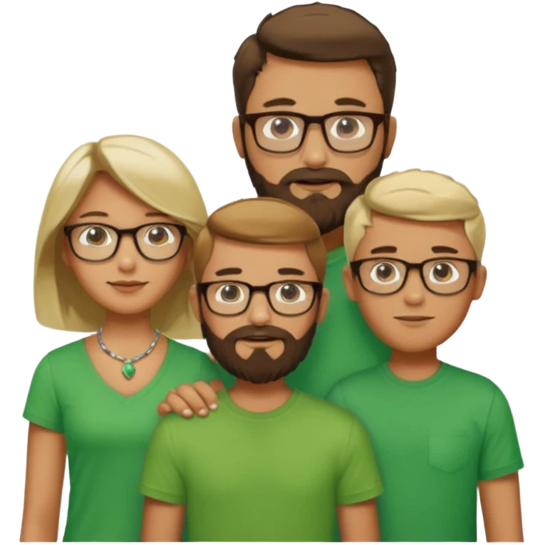 A family consisting of a man who's bearded, tanned, wearing glasses, a woman, slightly tanned, and a 14 year old teenage boy, slightly tanned, wearing a green t-shirt emoji