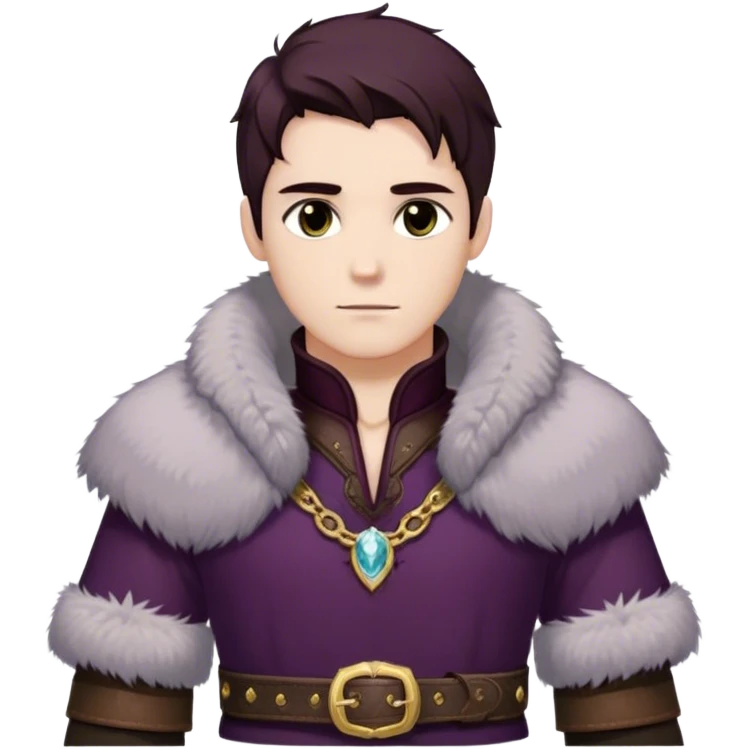 Medieval winter outfit worn by a DnD themed fantasy male character. Thick deep plum wool tunic with ermine fur trim at collar and sleeves, fastened with intricate gold-plated clasps and a heavy tooled leather belt. Clothes only above the waist, full waist coverage. The character has no arms. Character is white-skinned with dark auburn hair, misty gray eyes, and shoulder-length hair with crystalline frost at the tips. emoji