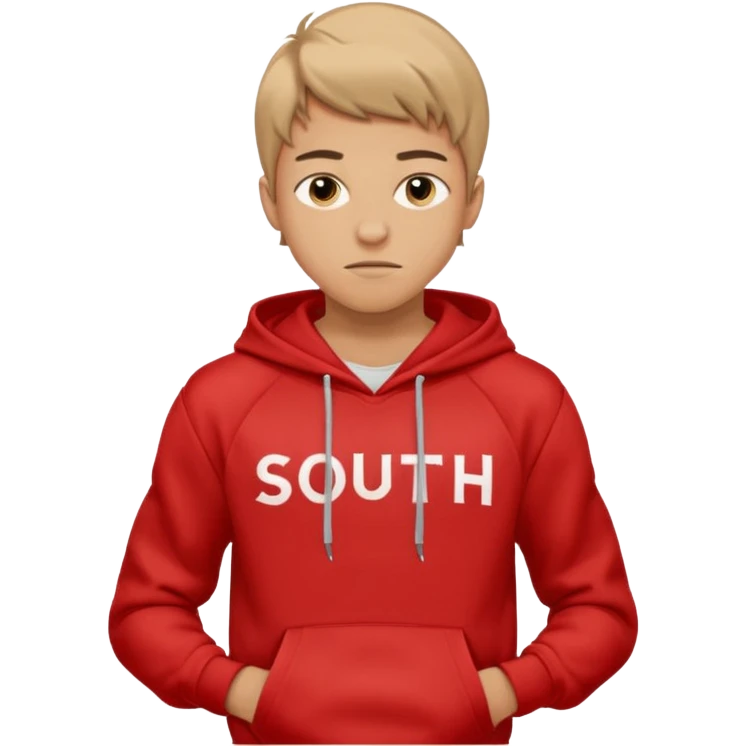 make me an emoji of an americain 19 yearold boy in a red hoodie that says "south" on it and give him with tan skin with his hands in his hands in his pocket not grining flexing his muscles emoji