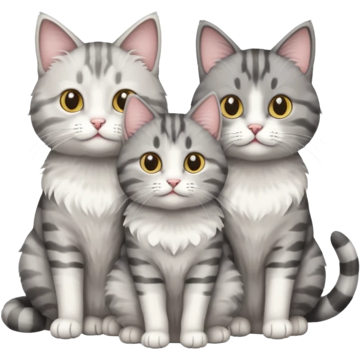 a fluffy grey and white cat sitting with 2 other cats emoji