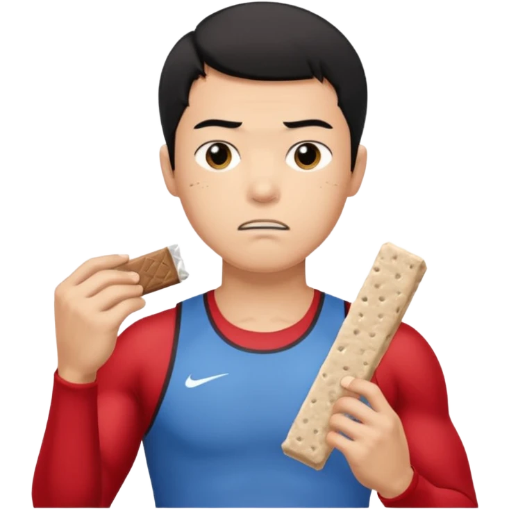 A asian male athlete holding a protein bar and frowning deeply emoji