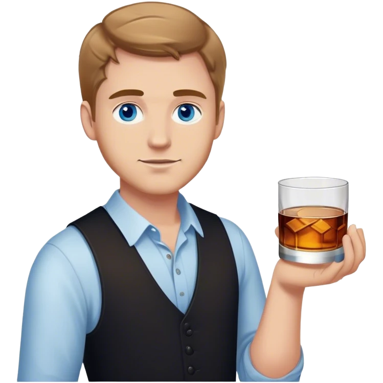 white guy light brown hair blue eyes wearing black holding whiskey emoji