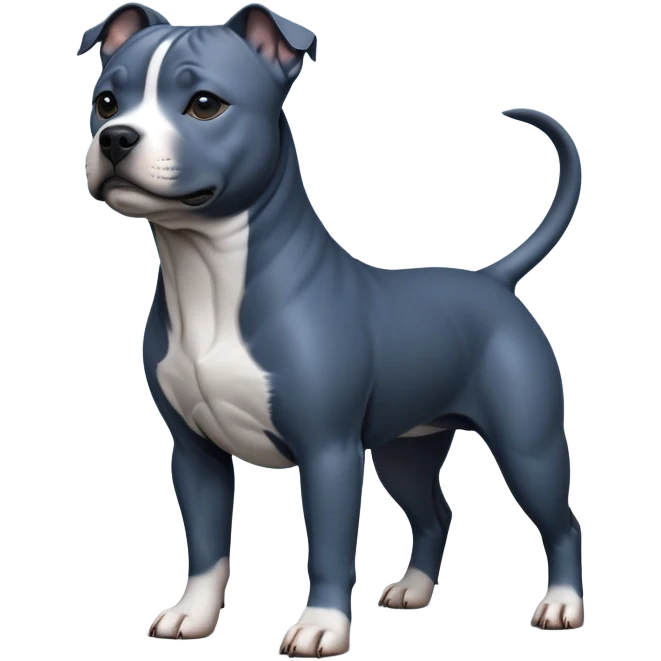 cinematic-[Staffordshire bull terrier]-realistic-full-body-standing-emoji,-tail-resting-loosely-beside-its-paws,-head-tilted-dramatically, -sleek-[dark blue grey]-fur,-simplified-yet-realistic-focused-features,-highly-detailed,-glowing-with-an-almost-sarcastic-glow emoji