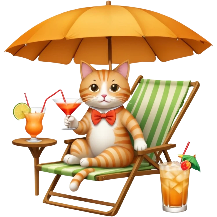 Cat relaxing on a beach chair, sipping a mai tai cocktail with umbrella emoji