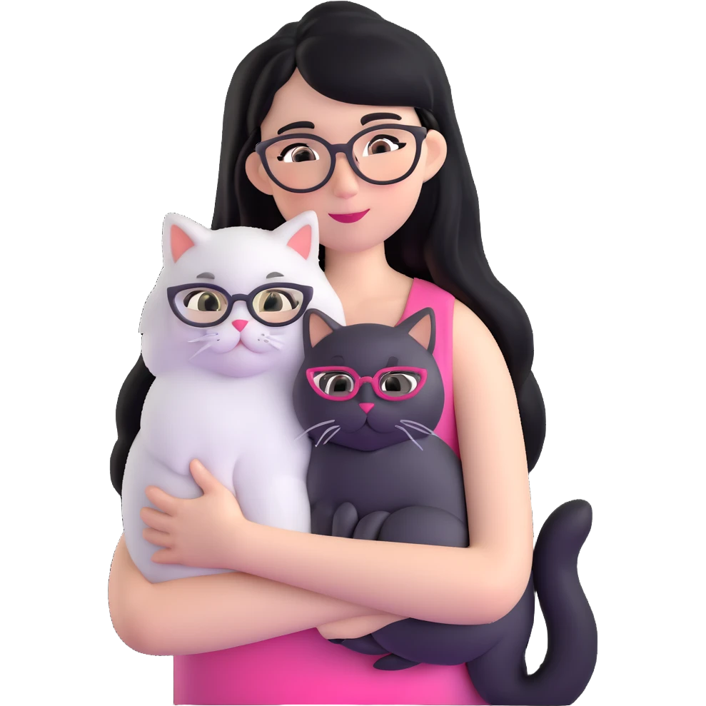 Skinny woman with oval glasses, long straight black hair, pink cheek blush, wearing white sleeveless top, hugging a grey Persian-Angora cat, plain background emoji