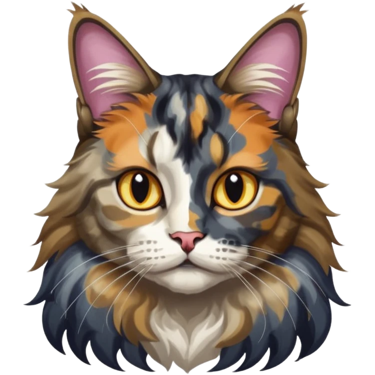 Maine coon black silver tortie et blanc avec une grosse tache noir sur un côté de la tête qui vient comme pour faire une moustache avec des couleurs assez vives  emoji