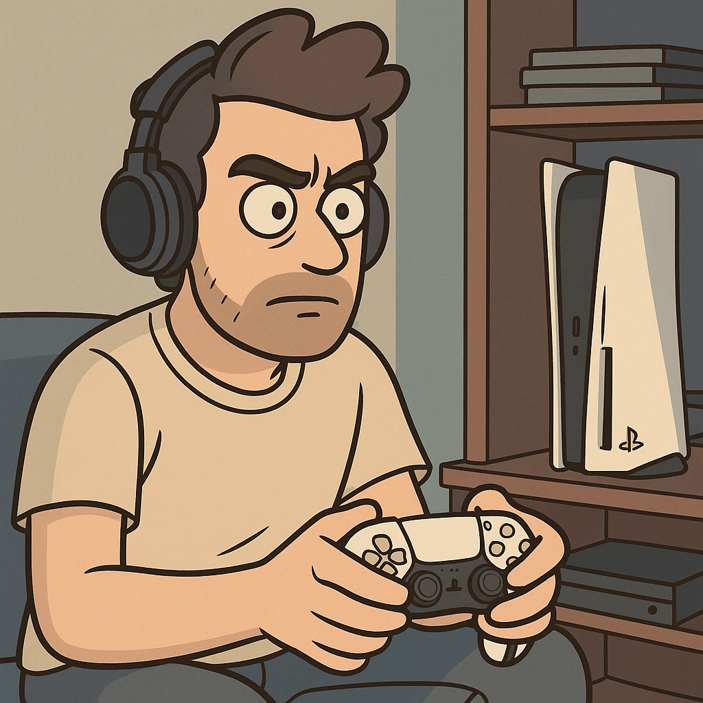 cartoon style man with headphones playing PlayStation 5, focused, gamepad in hands, gaming room emoji